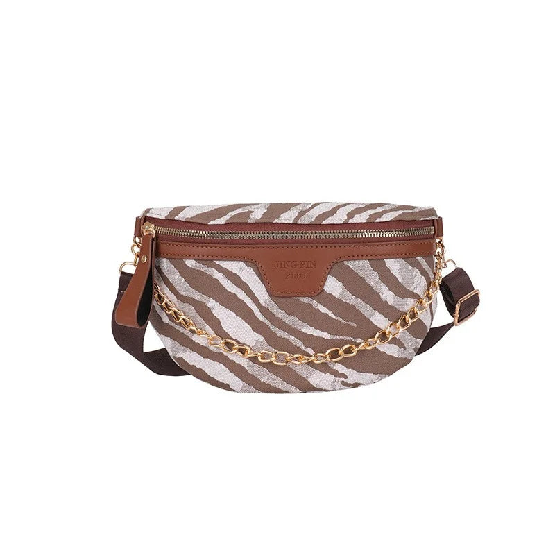 Stripe Printed PU Leather Fanny Pack for Women with Chain Strap