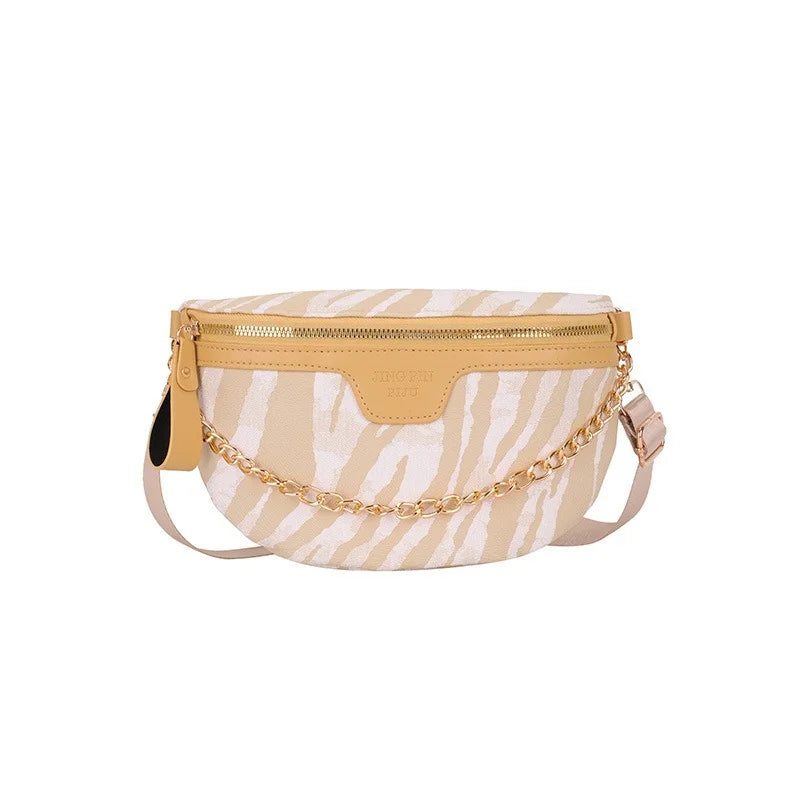Stripe Printed PU Leather Fanny Pack for Women with Chain Strap