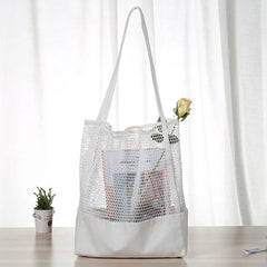Eco Friendly Cotton Canvas Beach Bag Mesh Tote Ladies Summer Net Beach Shoulder