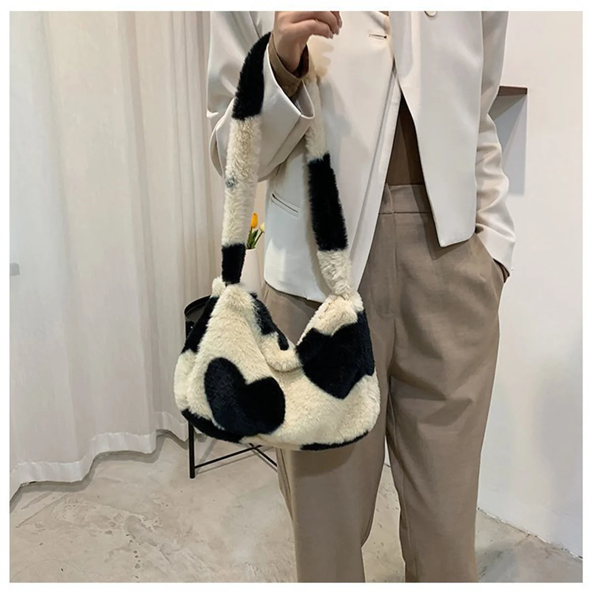 Heart Print Fluffy Sweet Casual Shoulder Bag for Girls