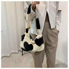 Heart Print Fluffy Sweet Casual Shoulder Bag for Girls
