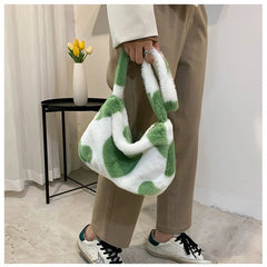 Heart Print Fluffy Sweet Casual Shoulder Bag for Girls