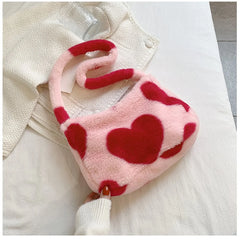 Heart Print Fluffy Sweet Casual Shoulder Bag for Girls