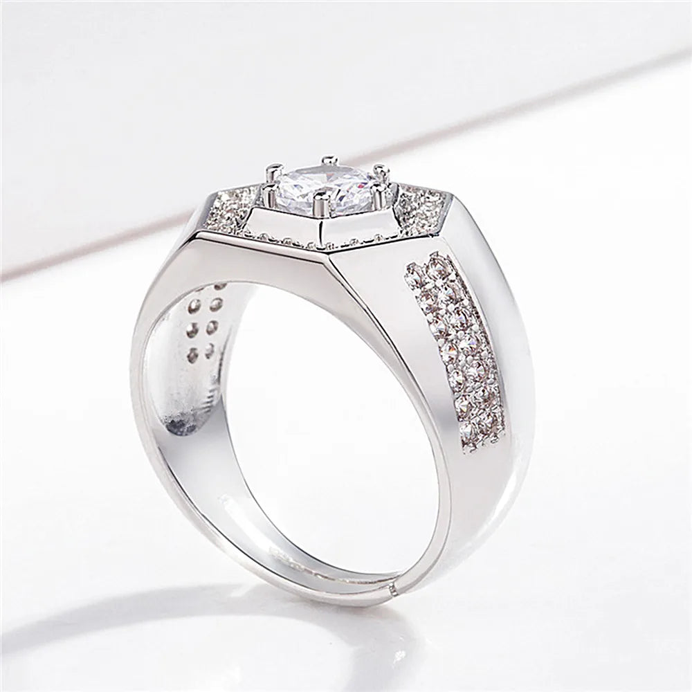 Geometric Zircon Diamond Men's Ring Silver Wedding Band