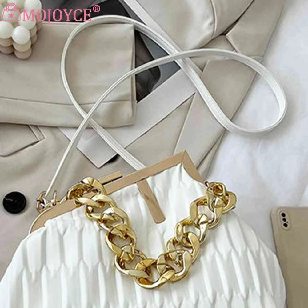 Triangle Pleat Women Crossbody Bag Thick Chain Small Tote Soft PU Leather