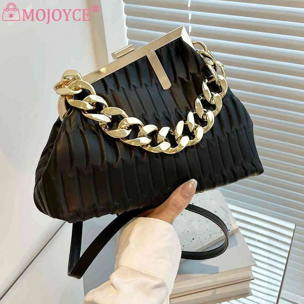 Triangle Pleat Women Crossbody Bag Thick Chain Small Tote Soft PU Leather