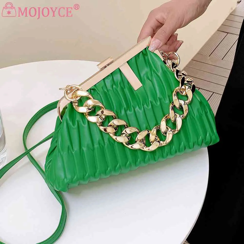Triangle Pleat Women Crossbody Bag Thick Chain Small Tote Soft PU Leather