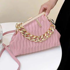 Triangle Pleat Women Crossbody Bag Thick Chain Small Tote Soft PU Leather