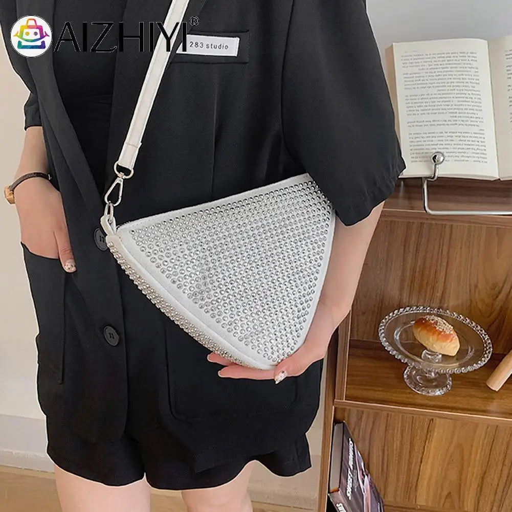 Triangle Rhinestones Shoulder Bag Women Girl Zipper Shopping Messenger Handbag