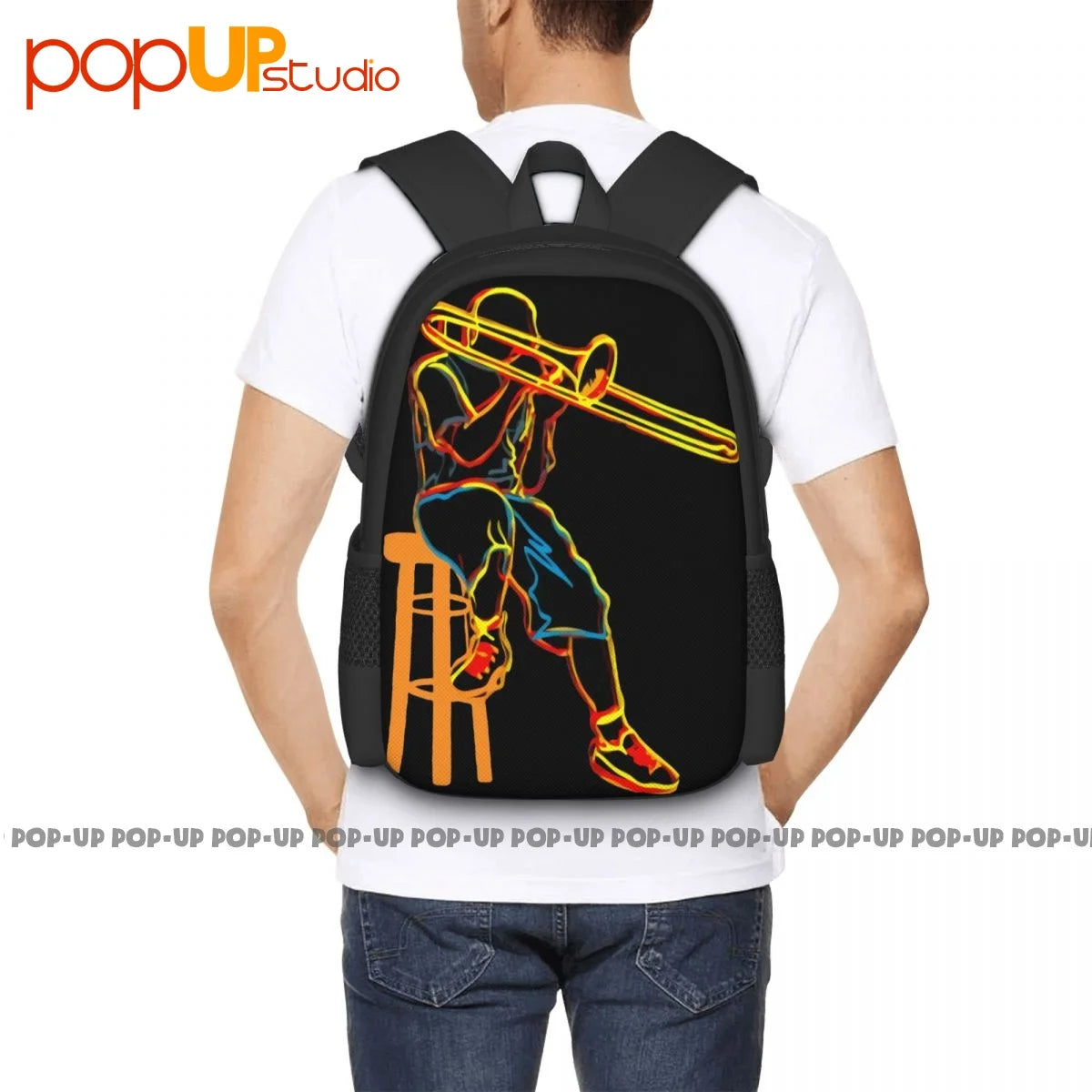Trombone Psychedelic Backpack Large Capacity School Creative Gym Tote Bag