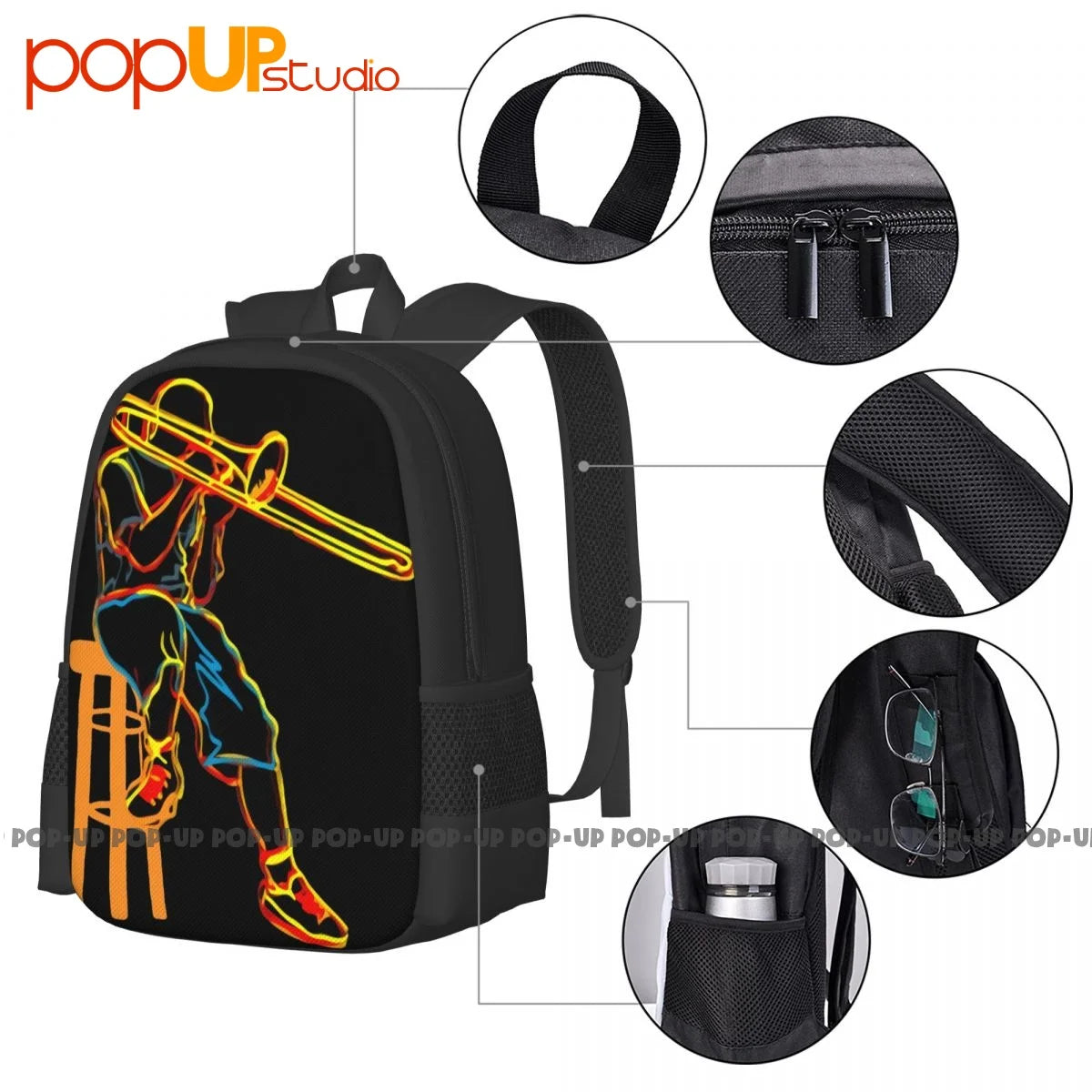 Trombone Psychedelic Backpack Large Capacity School Creative Gym Tote Bag