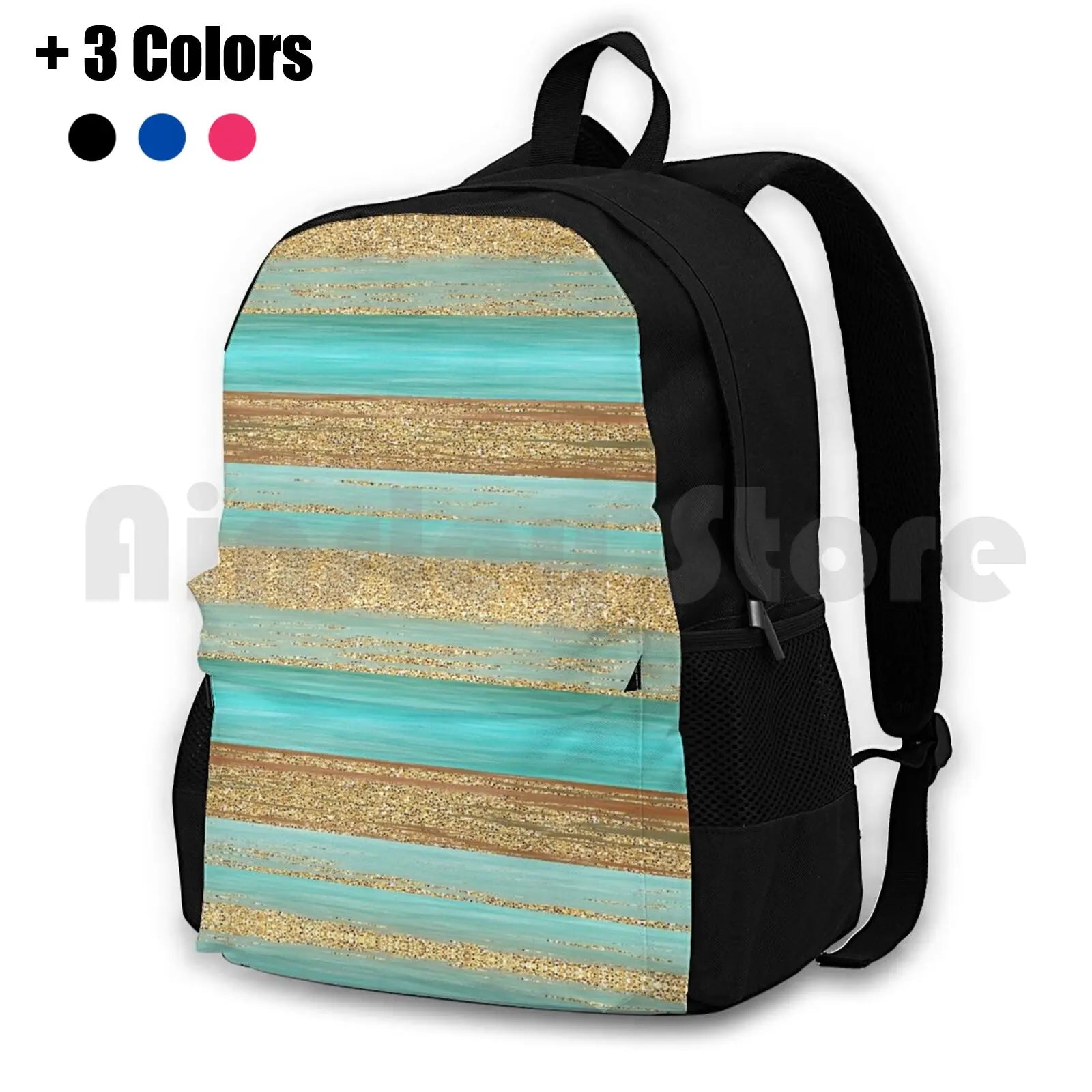 Turquoise Brown Glitter Stripes Art Outdoor Hiking Backpack