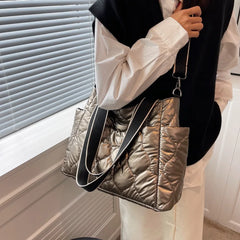 Winter Ladies Handbag Down Quilted Tote Bag Wide Straps Female Shoulder Bag