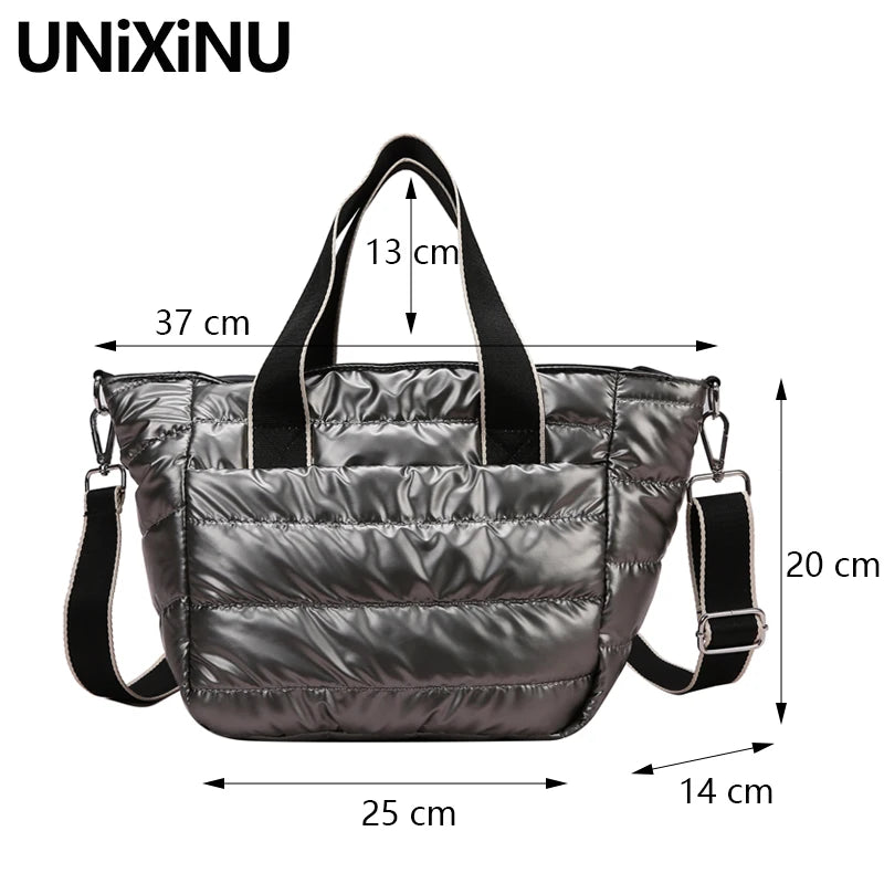 Winter Fluffy Down Handbag Wide Straps Quilted Tote Bag