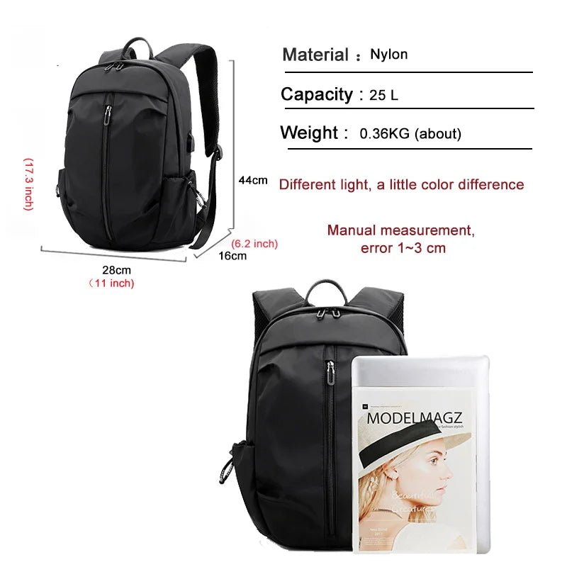 Waterproof Nylon USB Backpack Men Travel Bag Gray