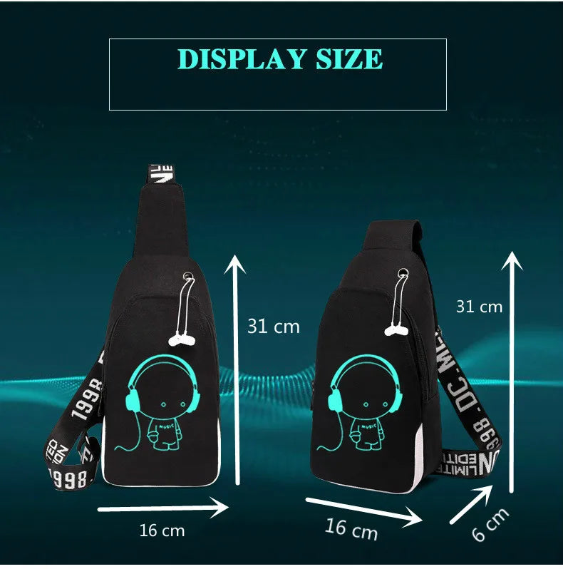 Anti Theft Luminous USB Charging Crossbody Bag Waterproof Travel Shoulder Bag