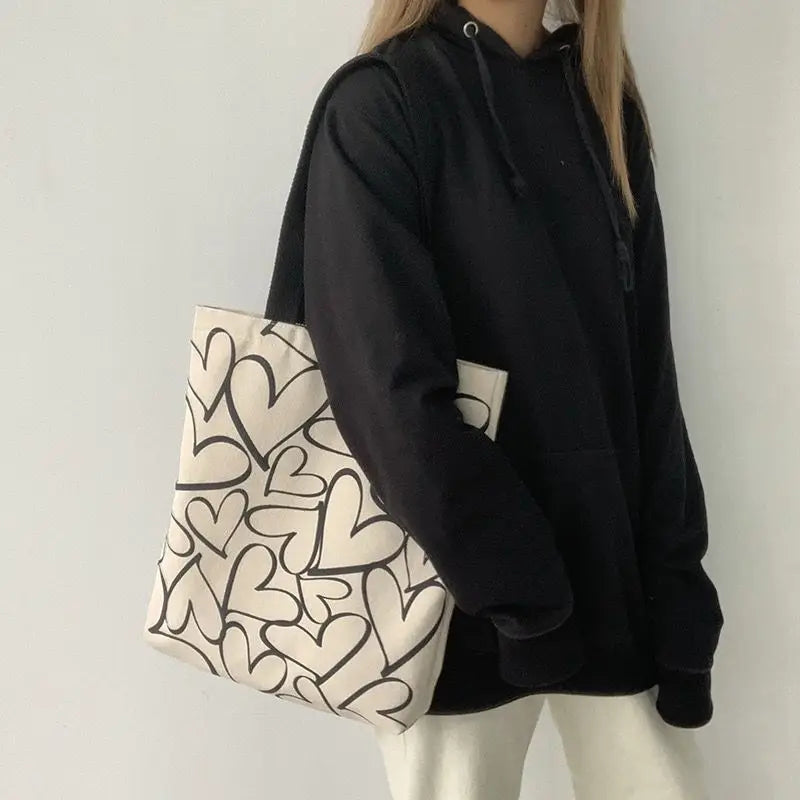 Ulzzang Tote Heart Shopping Bag for Lady Canvas Shoulder Bag