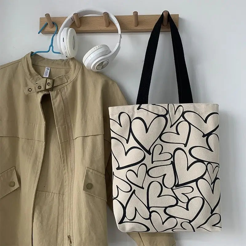 Ulzzang Tote Heart Shopping Bag for Lady Canvas Shoulder Bag