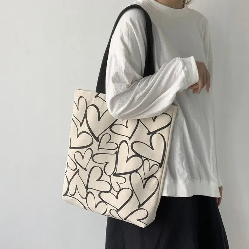 Ulzzang Tote Heart Shopping Bag for Lady Canvas Shoulder Bag