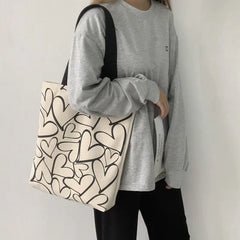 Ulzzang Tote Heart Shopping Bag for Lady Canvas Shoulder Bag