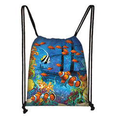 Underwater World Cartoon Drawstring Bag Children Backpack