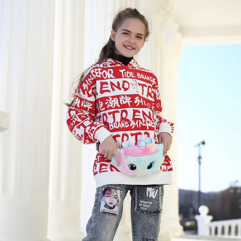 Unicorn Kids Plush Waist Bag Girls Chest Bag Winter Soft Crossbody Pouch