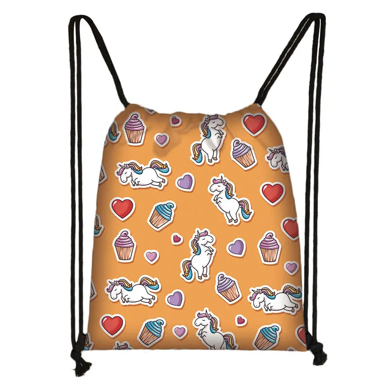 Unicorn Floral Drawstring Bag Women Backpack Girls Pink Horse Canvas Storage