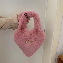 Heart Shape Women Soft Plush Hand Bag Faux Fur Tote Bags