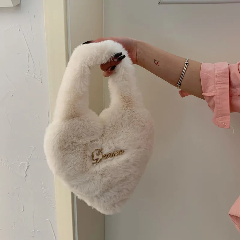 Heart Shape Women Soft Plush Hand Bag Faux Fur Tote Bags