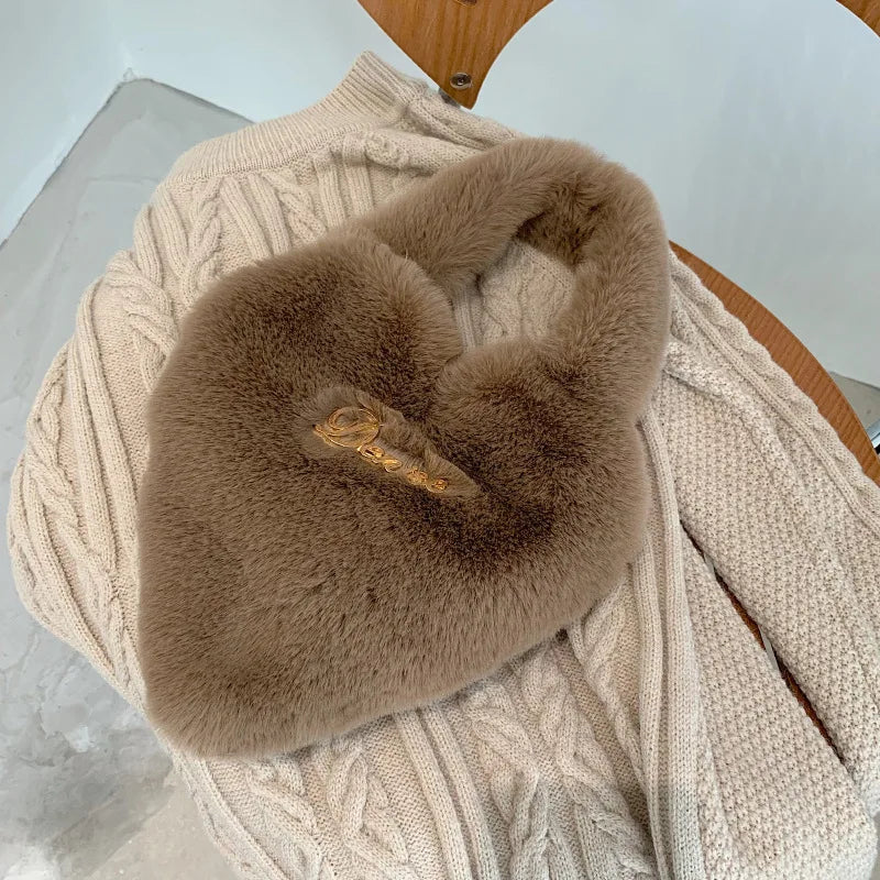 Heart Shape Women Soft Plush Hand Bag Faux Fur Tote Bags