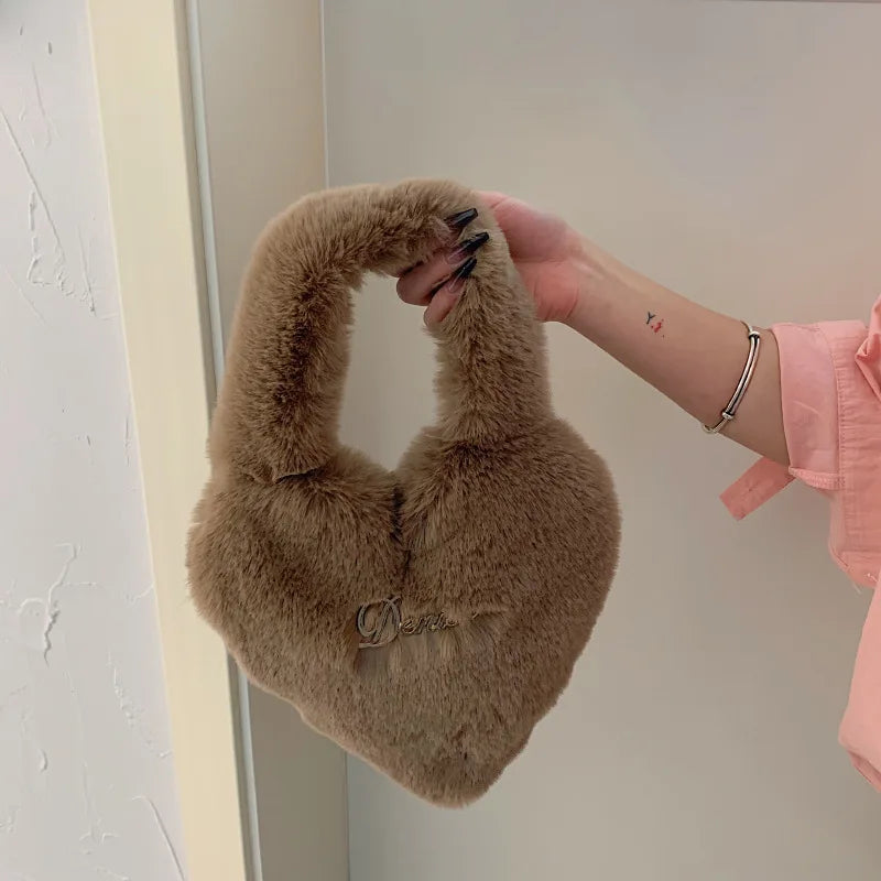 Heart Shape Women Soft Plush Hand Bag Faux Fur Tote Bags
