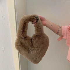 Heart Shape Women Soft Plush Hand Bag Faux Fur Tote Bags