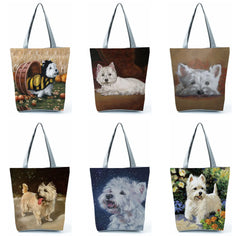 Westie Dog Painting Square Handbag for Women Large Capacity Eco Tote
