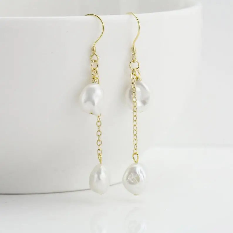 Keshi Pearl Earrings Baroque Freshwater Silver Dangle Birthday Gift