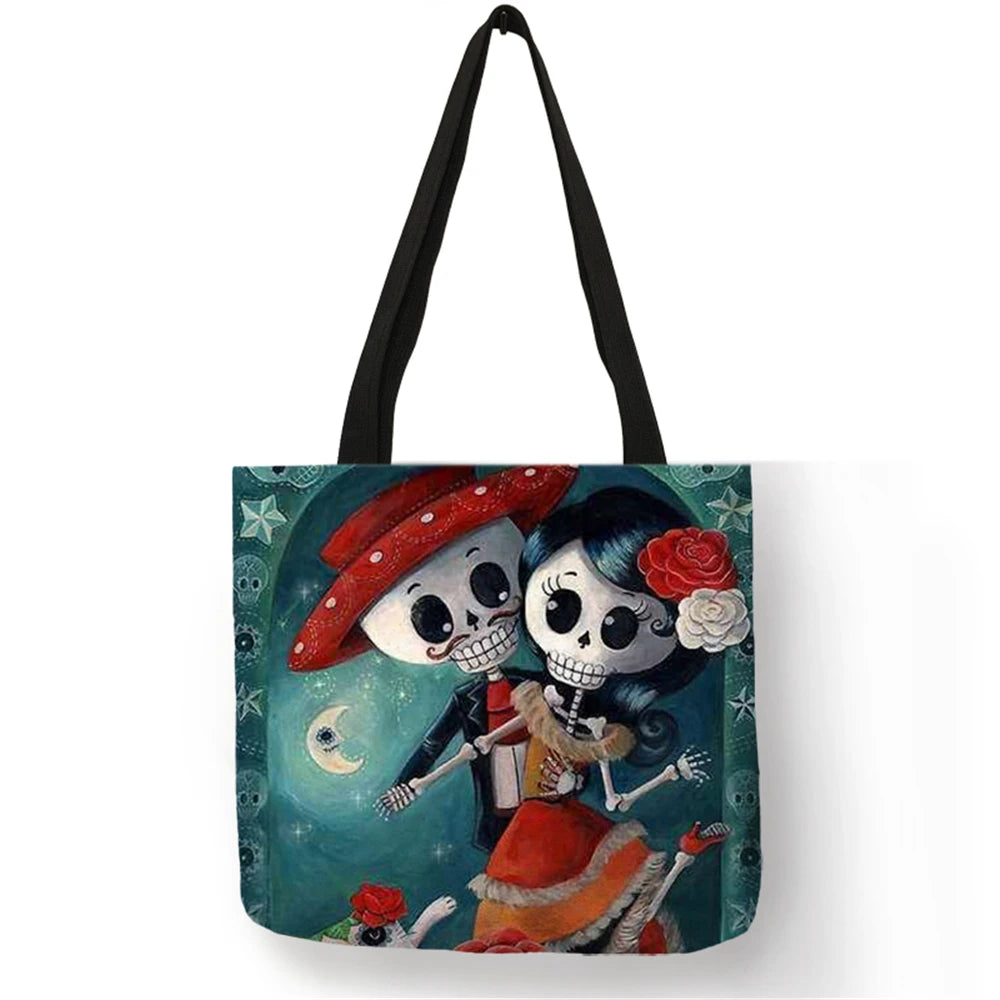 Sugar Skull Print Tote Bag for Women - Large Capacity Foldable Handbag