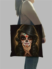 Sugar Skull Print Tote Bag for Women - Large Capacity Foldable Handbag