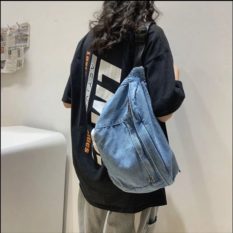 Unisex Crossbody Bag Shoulder Bag Girls Denim Large Capacity Messenger Bag