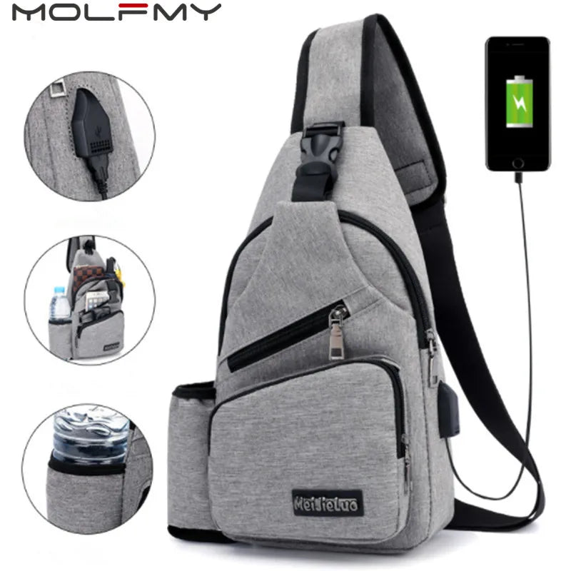 Unisex USB Charge Chest Bag Antitheft Travel Crossbody Sling Shoulder Bag