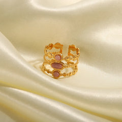 Uworld Stainless Steel Pink Stone Ring Statement Golden 18K Plated