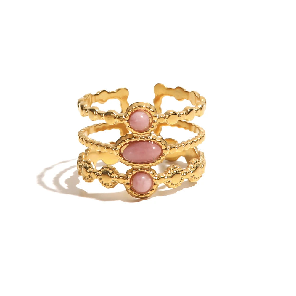 Uworld Stainless Steel Pink Stone Ring Statement Golden 18K Plated