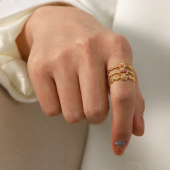 Uworld Stainless Steel Pink Stone Ring Statement Golden 18K Plated