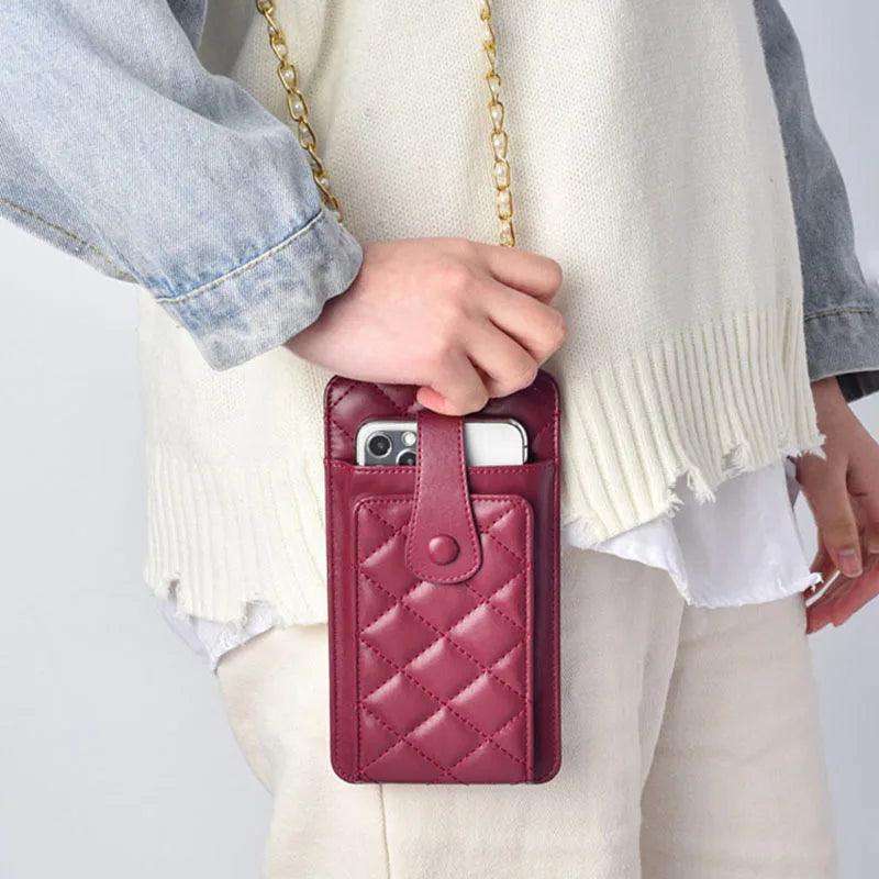 VM KISS Chain Small Phone Bag Women Pu Leather Ladie Mini Plaid Crossbody