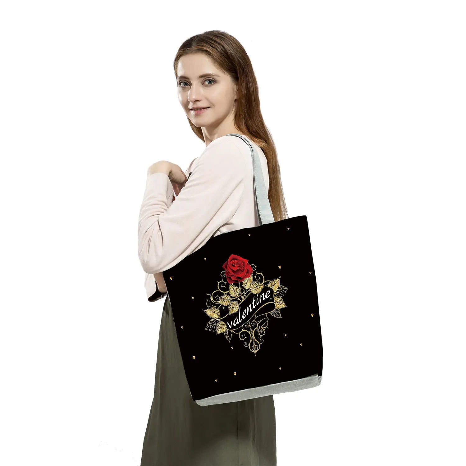 Rose Print Handbags Casual Women Ladies Big Shopping Bags Beach Tote