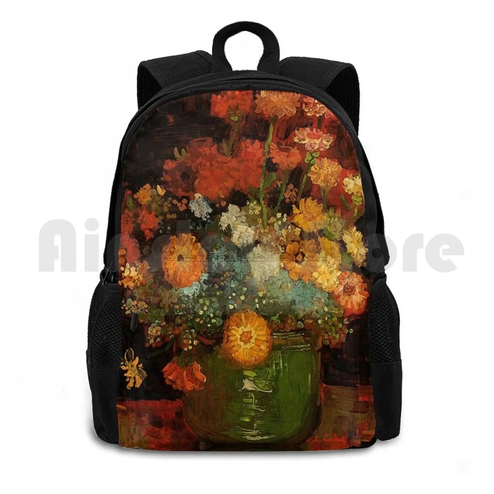 Vintage Floral Oil Painting Vase with Zinnias by Van Gogh
