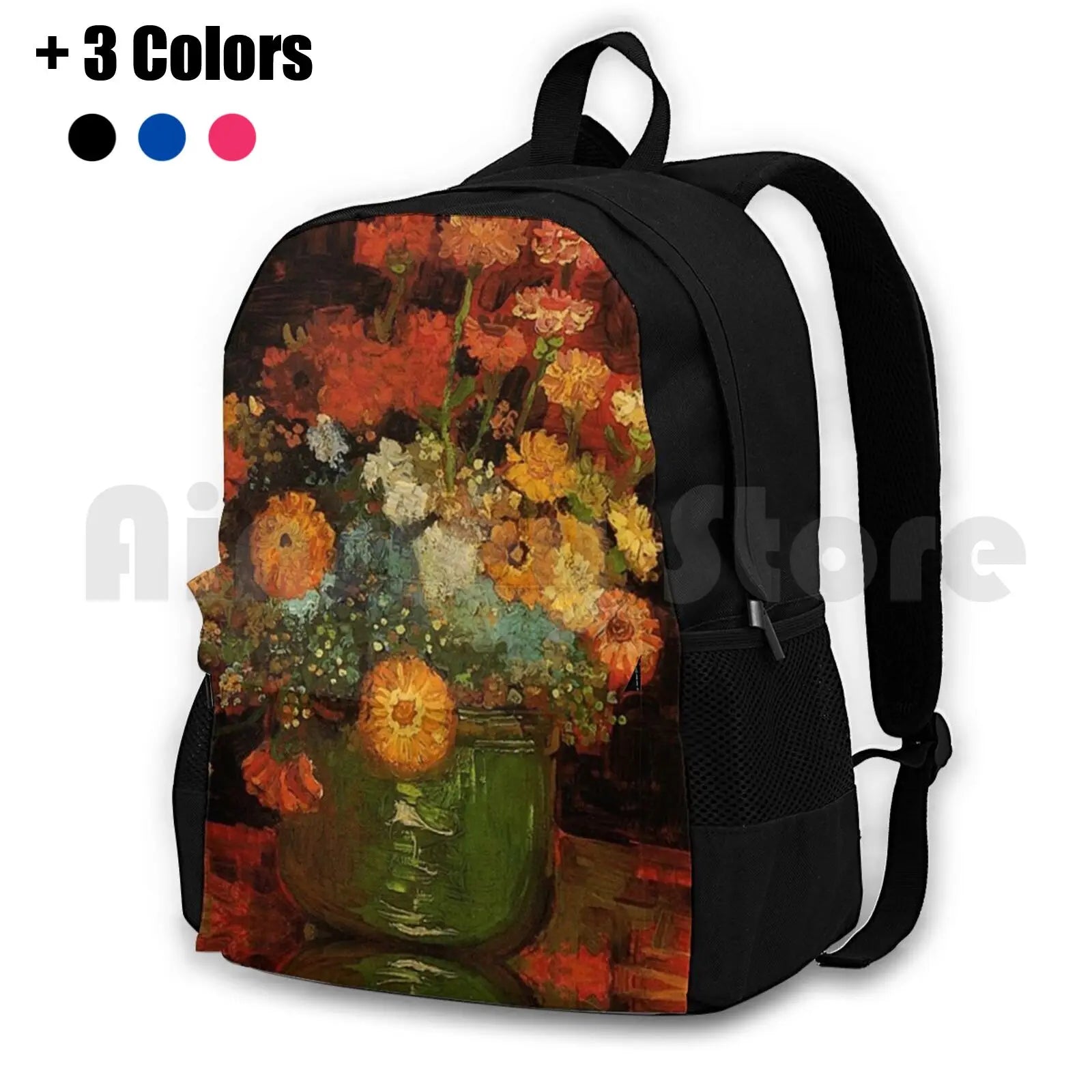 Vintage Floral Oil Painting Vase with Zinnias by Van Gogh