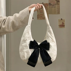 Velvet Bowknot Women Half Moon Shoulder Bag Sweet Female Girls Large Handbags