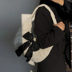 Velvet Bowknot Women Half Moon Shoulder Bag Sweet Female Girls Large Handbags