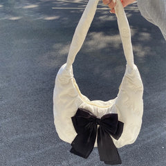 Velvet Bowknot Women Half Moon Shoulder Bag Sweet Female Girls Large Handbags