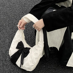 Velvet Bowknot Women Half Moon Shoulder Bag Sweet Female Girls Large Handbags