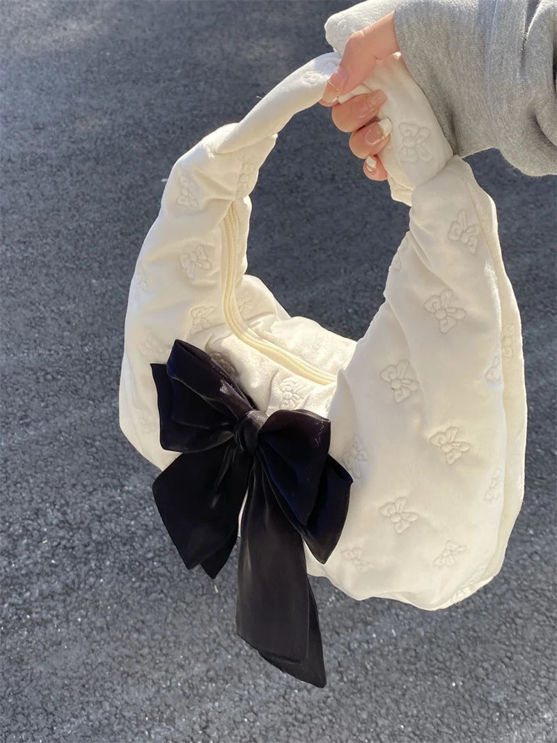 Velvet Bowknot Half Moon Shoulder Bag for Women